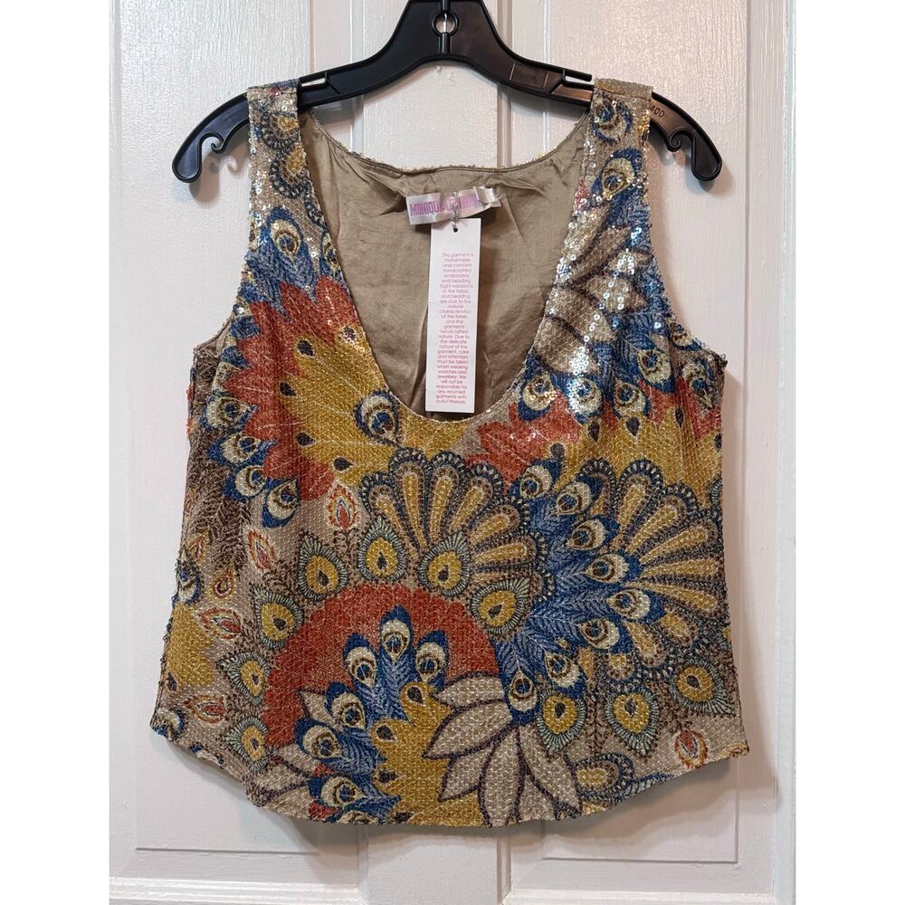 NWT Monique Leshman Gold Colorful Peacock Sequined Sleeveless Top Size M